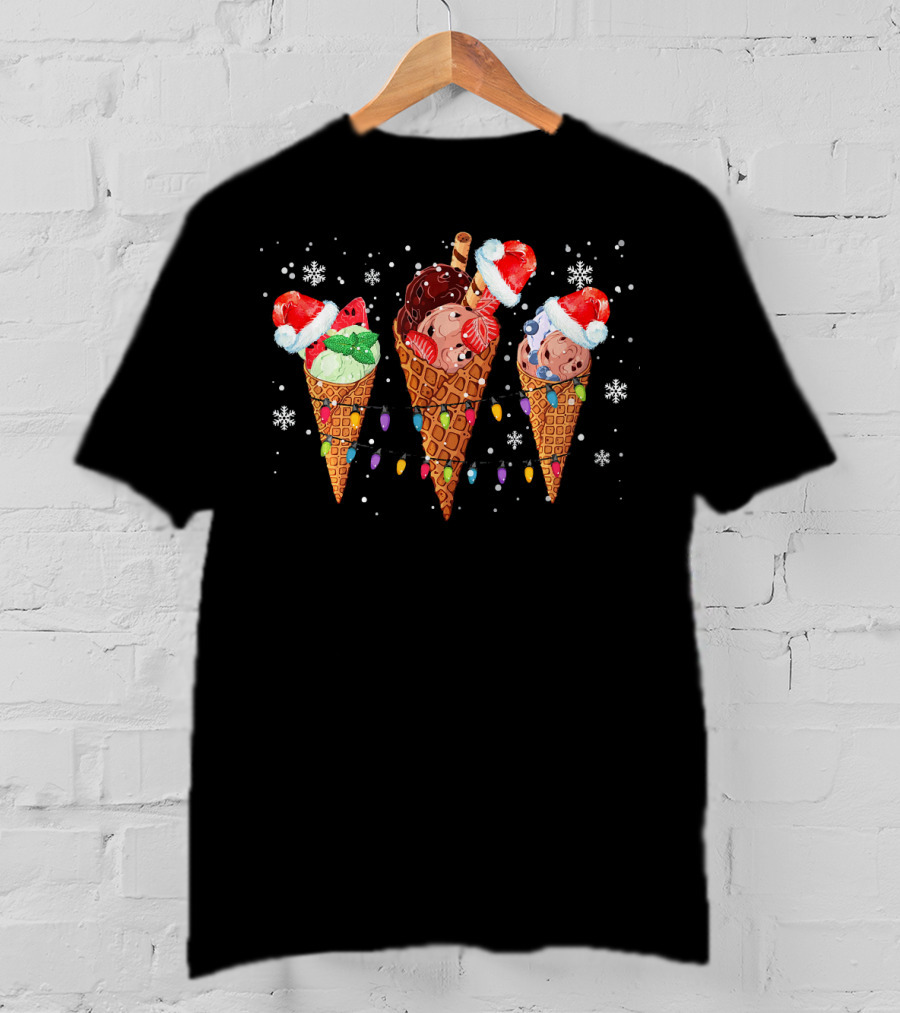 Ice Cream Cones Santa Hats Christmas Lights Snowflakes T-Shirt