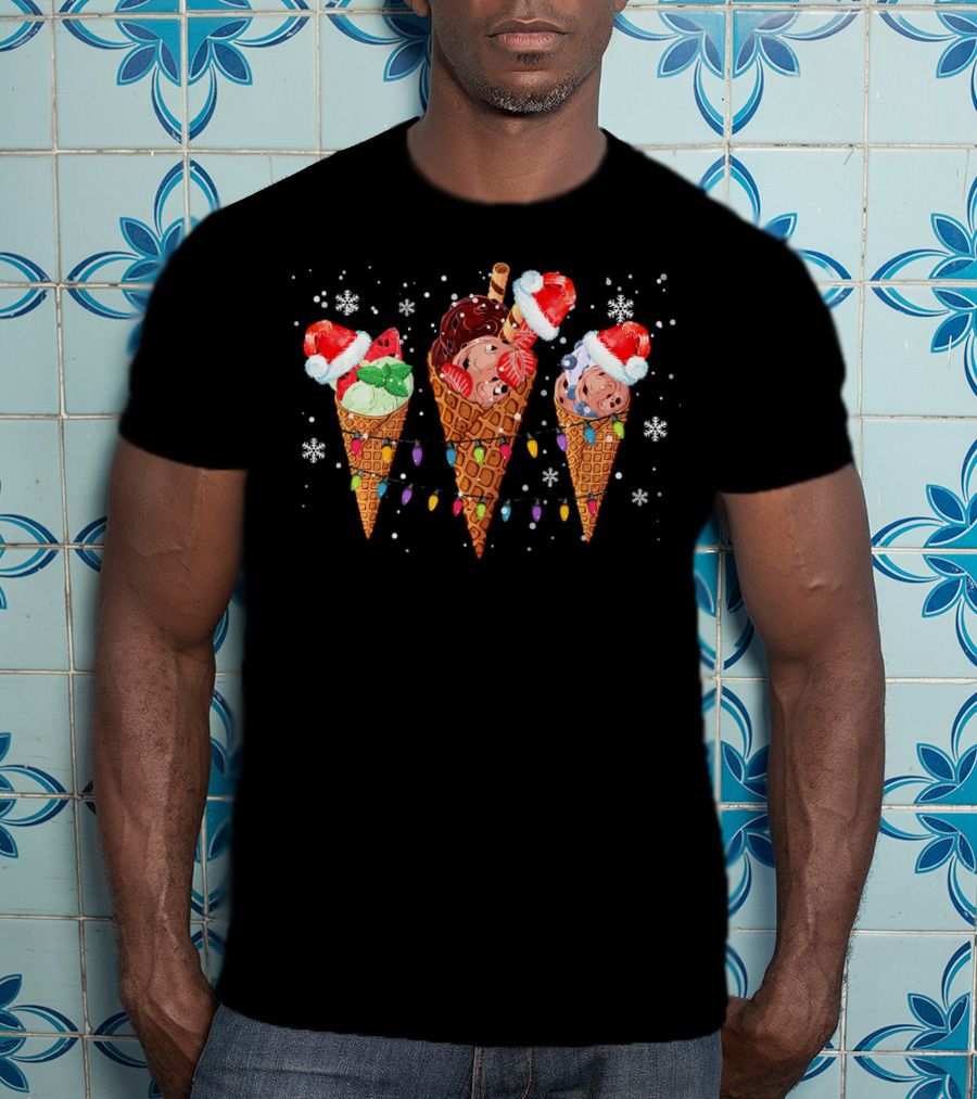 Ice Cream Cones Santa Hats Christmas Lights Snowflakes T-Shirt