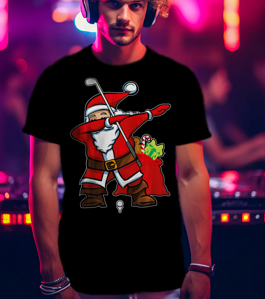 Christmas Dabbing Golf Santa With Gift Bag And Candy Cane T-Shirt