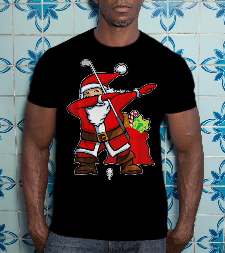 Christmas Dabbing Golf Santa With Gift Bag And Candy Cane T-Shirt