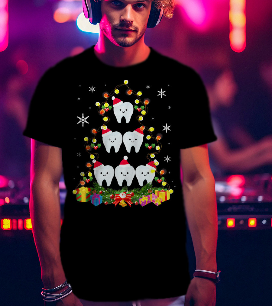 Dental Christmas Tree With Lighted Tooth Ornaments And Festive Gifts T-Shirt