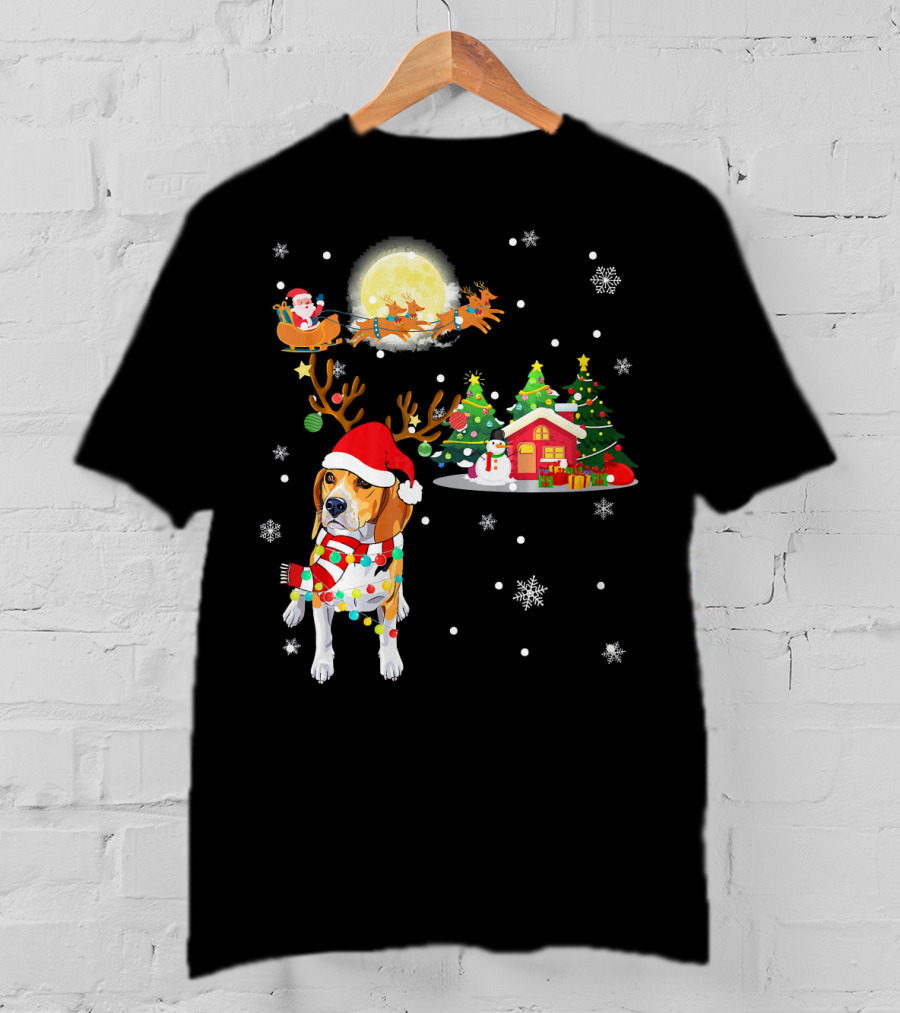 Beagle Christmas Santa Sleigh Trees Snowman Holiday Scene T-Shirt