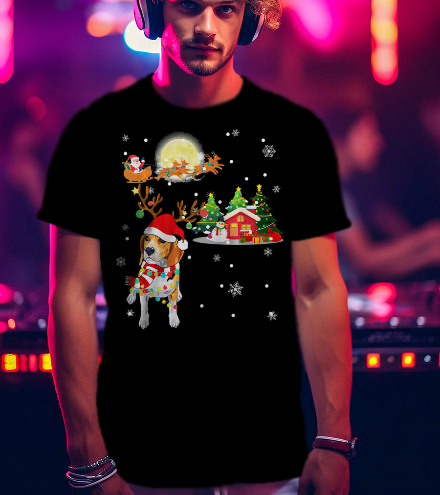 Beagle Christmas Santa Sleigh Trees Snowman Holiday Scene T-Shirt