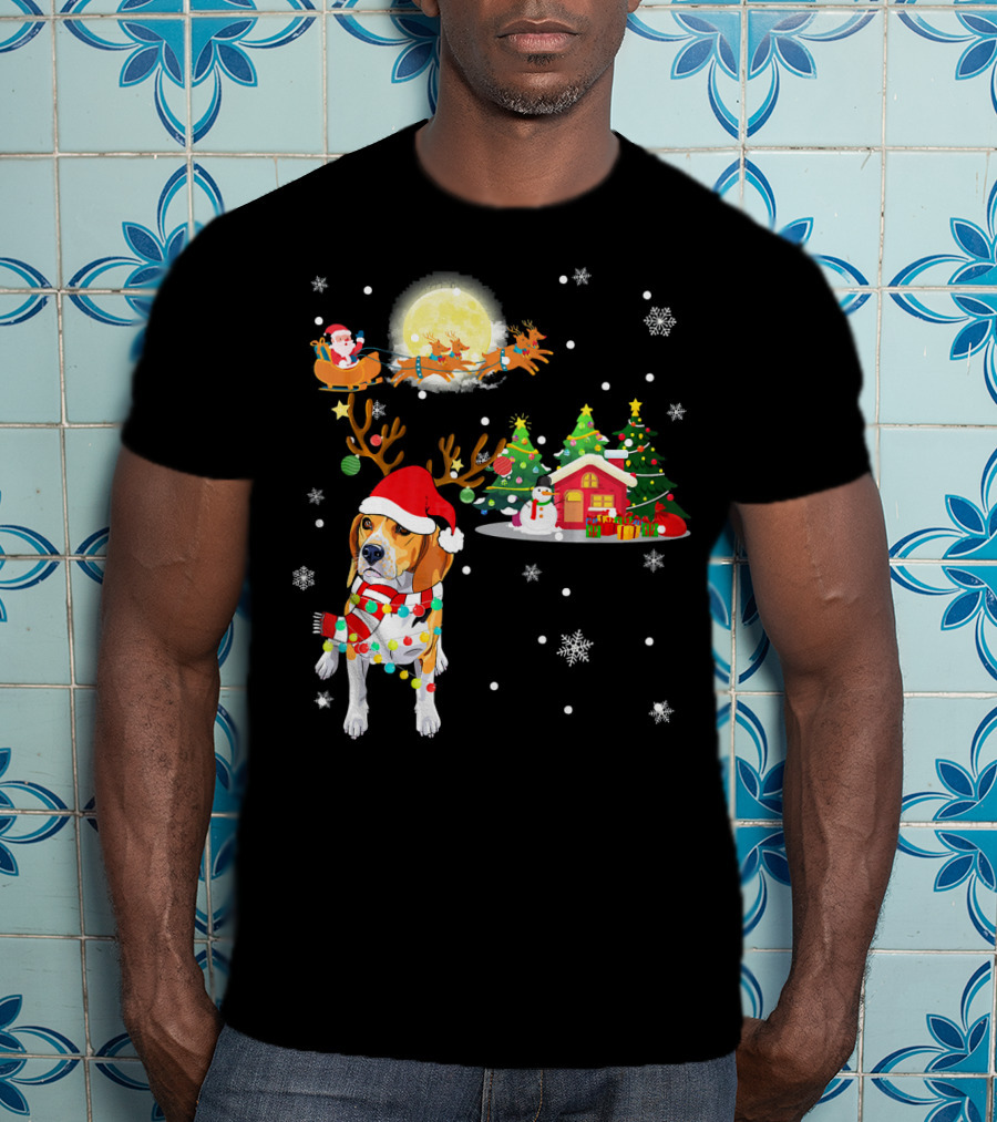 Beagle Christmas Santa Sleigh Trees Snowman Holiday Scene T-Shirt