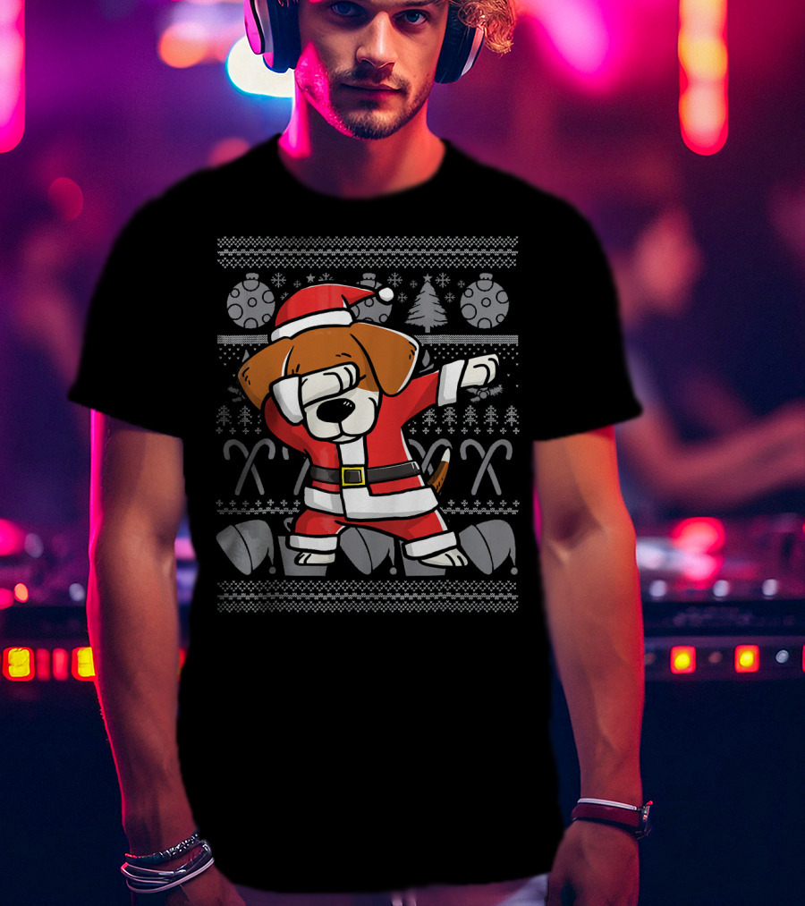Dabbing Beagle Dog In Santa Claus Costume Christmas T-Shirt