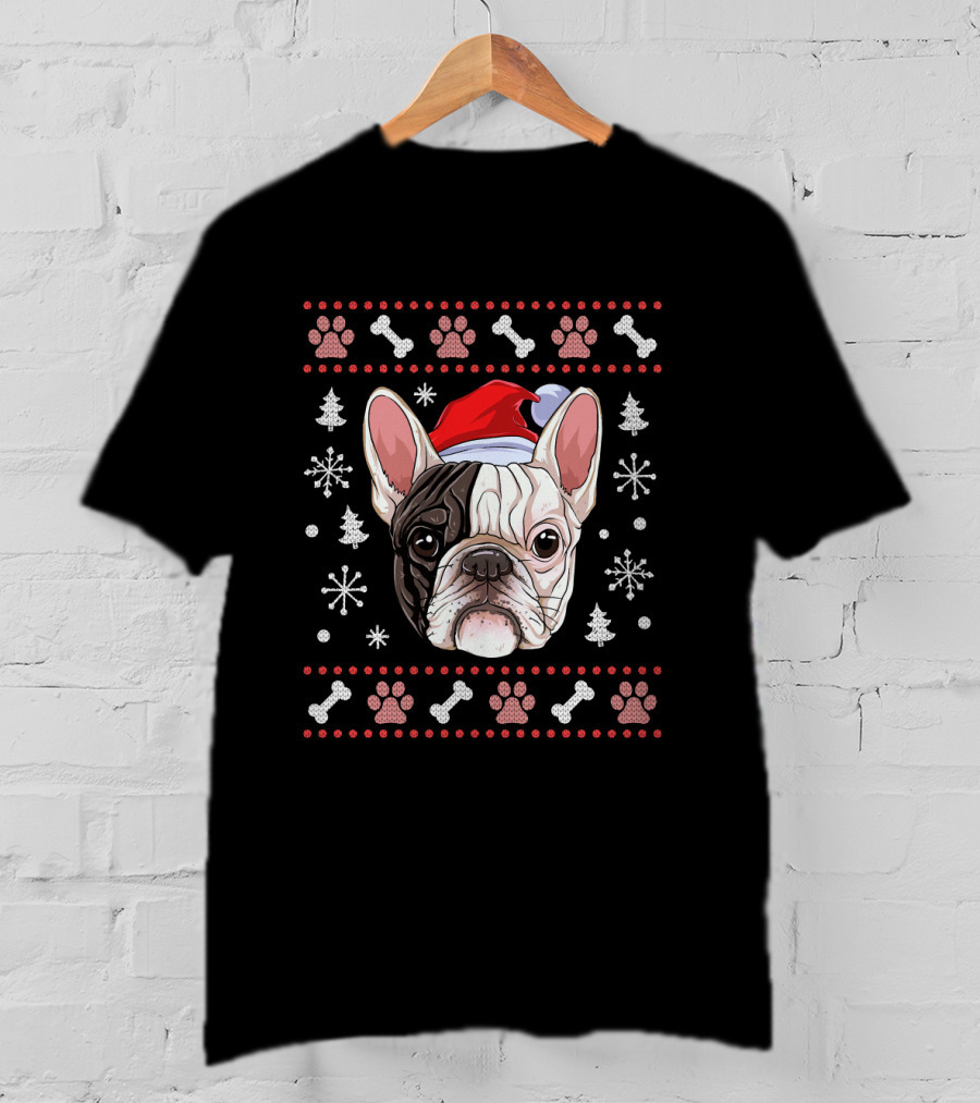 French Bulldog Christmas Santa Hat Snowflake Paw Bones T-Shirt