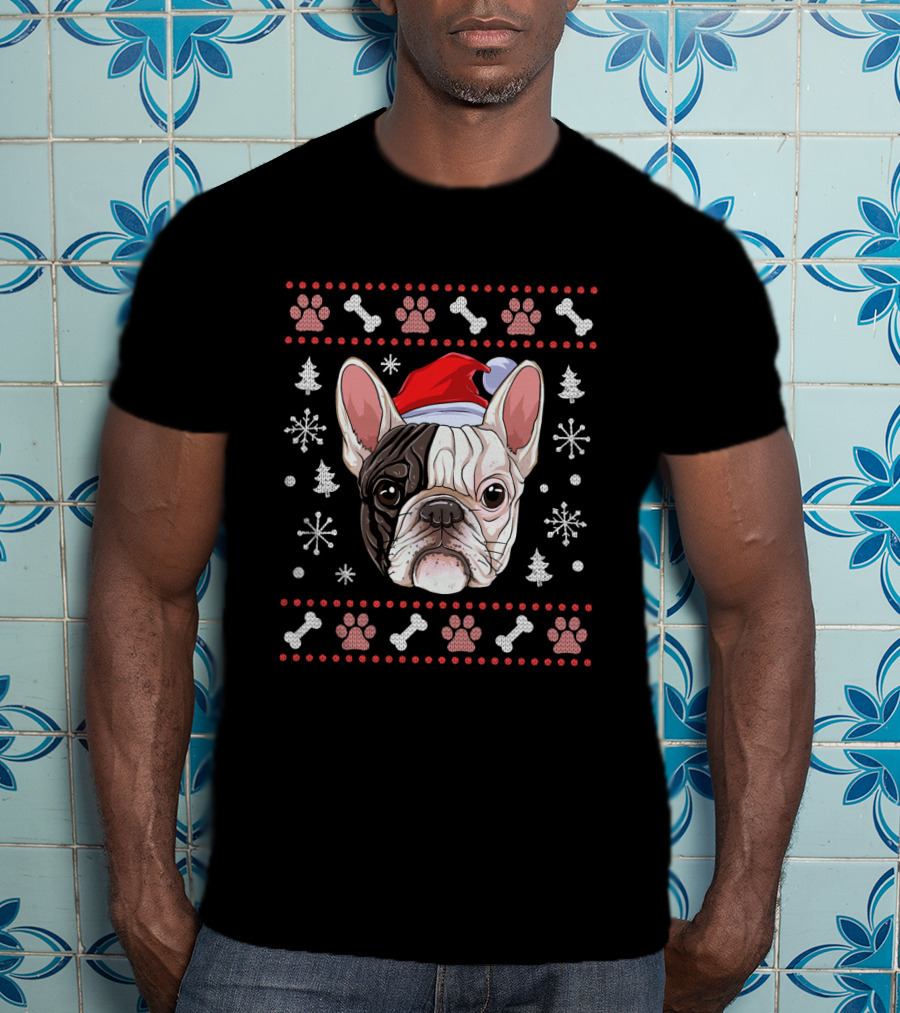 French Bulldog Christmas Santa Hat Snowflake Paw Bones T-Shirt