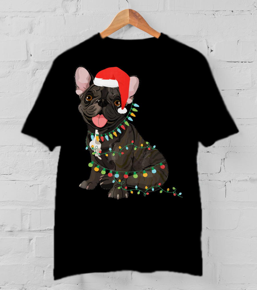Santa French Bulldog Tangled In Christmas Lights T-Shirt