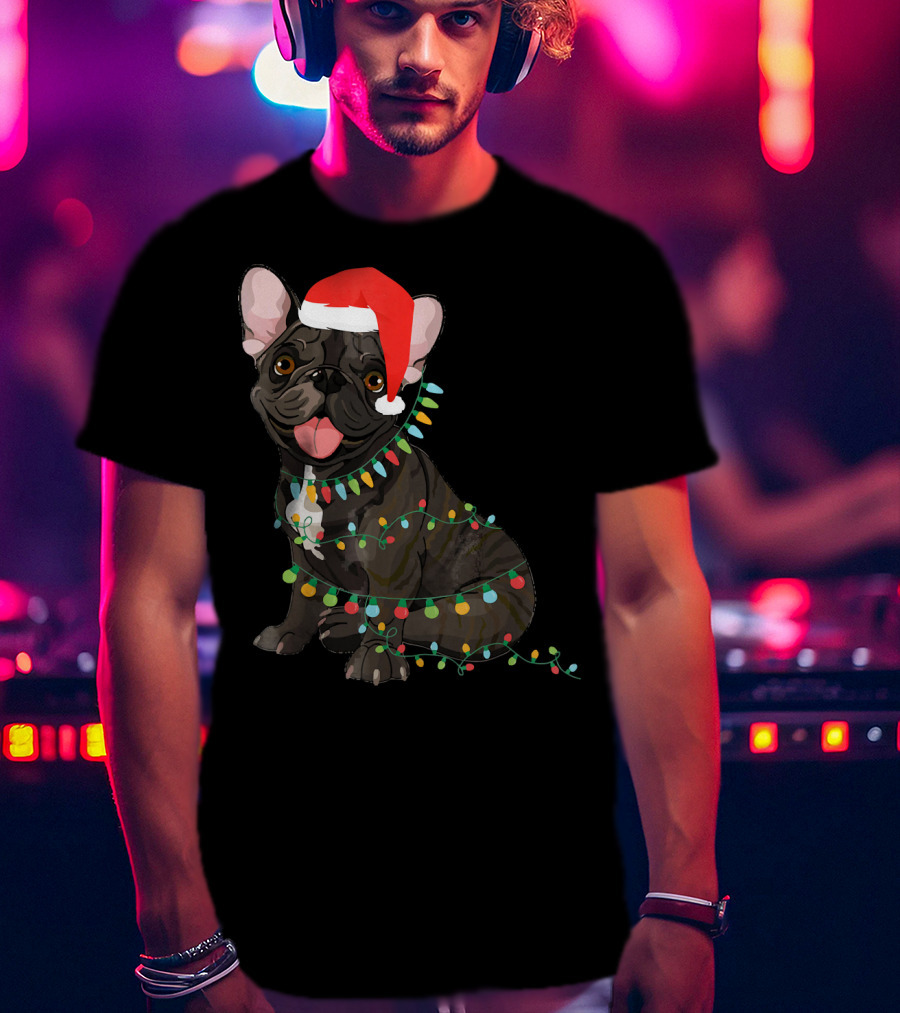 Santa French Bulldog Tangled In Christmas Lights T-Shirt
