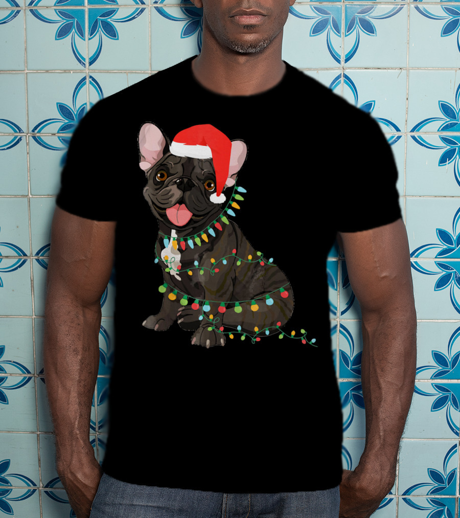 Santa French Bulldog Tangled In Christmas Lights T-Shirt