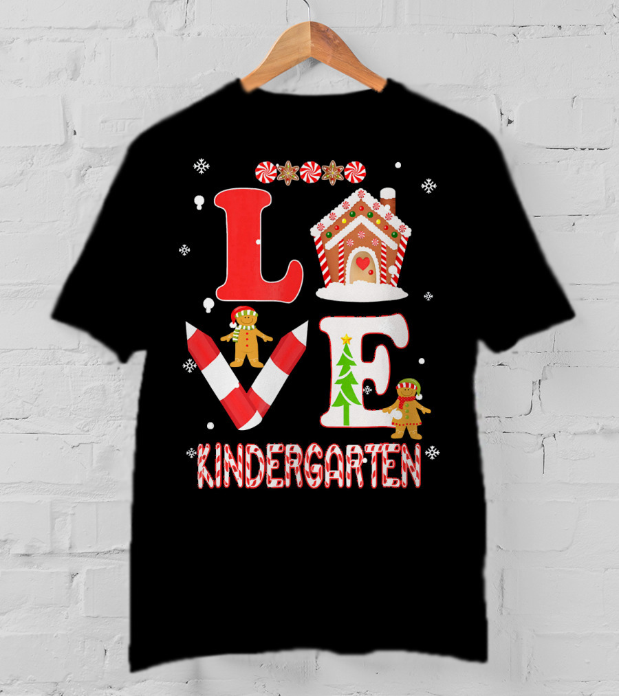 Love Kindergarten Teacher Gingerbread Candy Cane Christmas T-Shirt