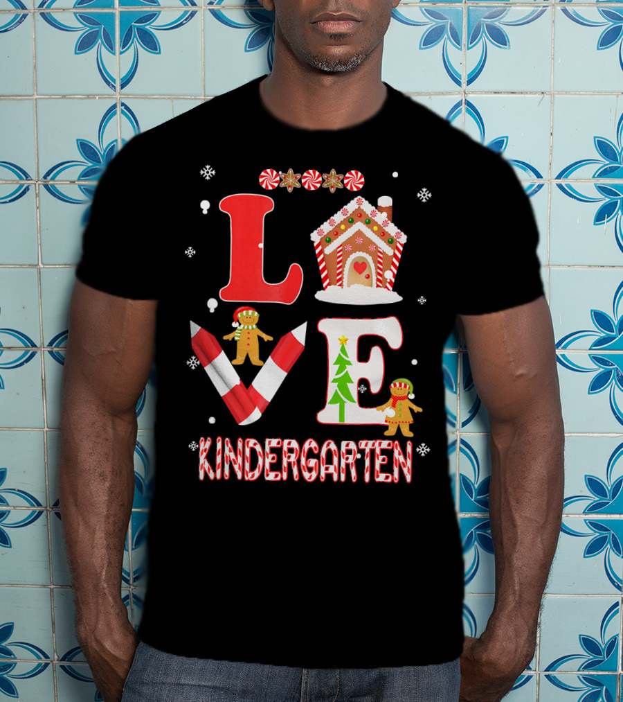 Love Kindergarten Teacher Gingerbread Candy Cane Christmas T-Shirt