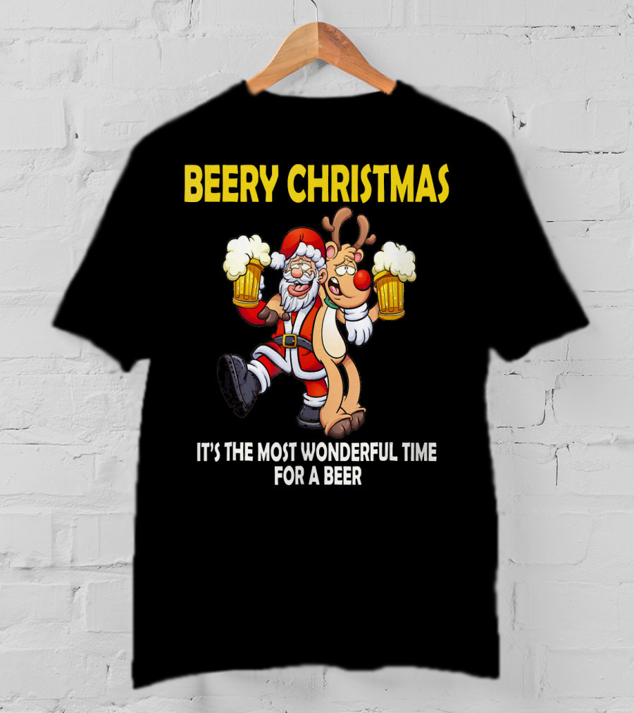 Beery Christmas It's The Most Wonderful Time For A Beer Santa And Reindeer Cheers T-Shirt