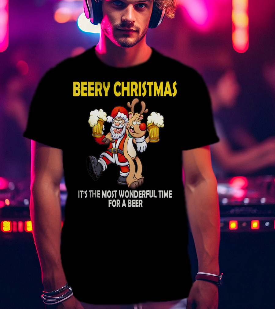 Beery Christmas It's The Most Wonderful Time For A Beer Santa And Reindeer Cheers T-Shirt