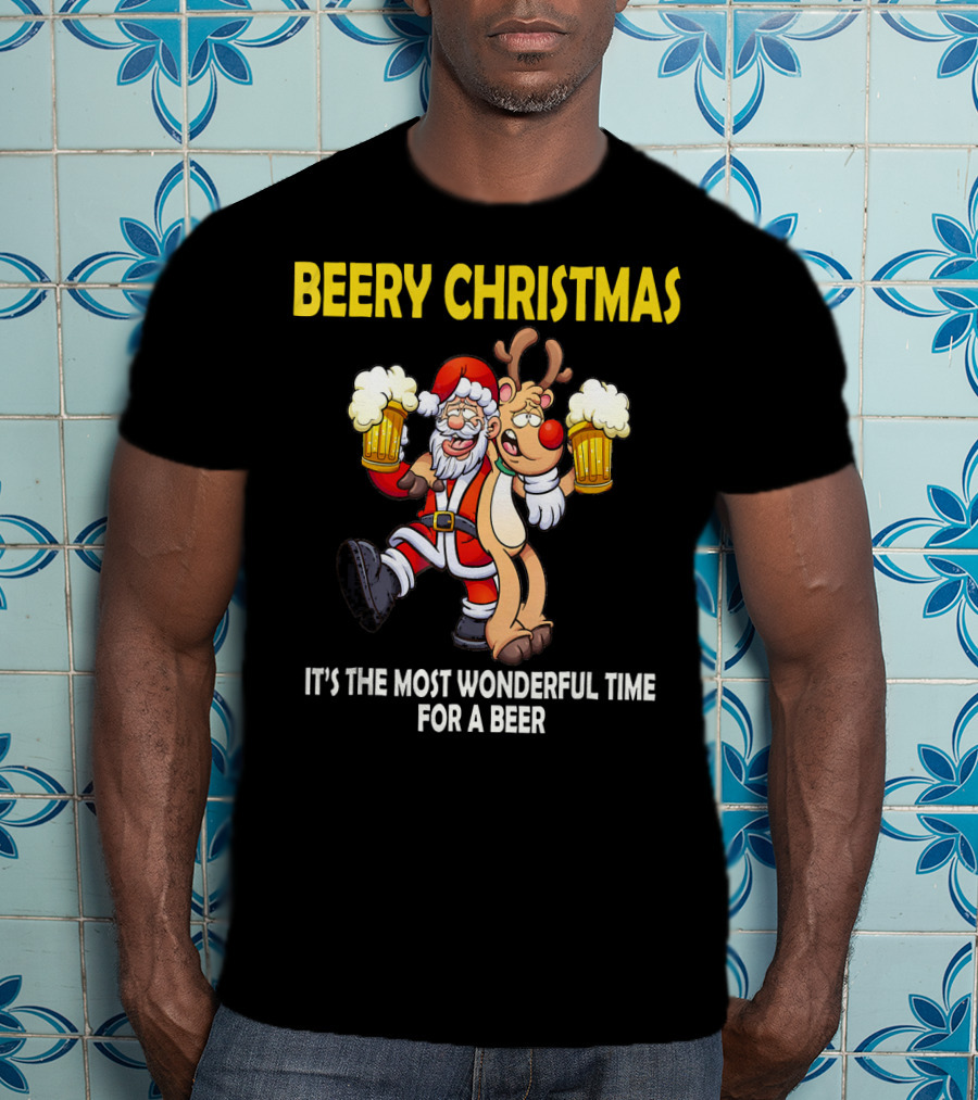 Beery Christmas It's The Most Wonderful Time For A Beer Santa And Reindeer Cheers T-Shirt