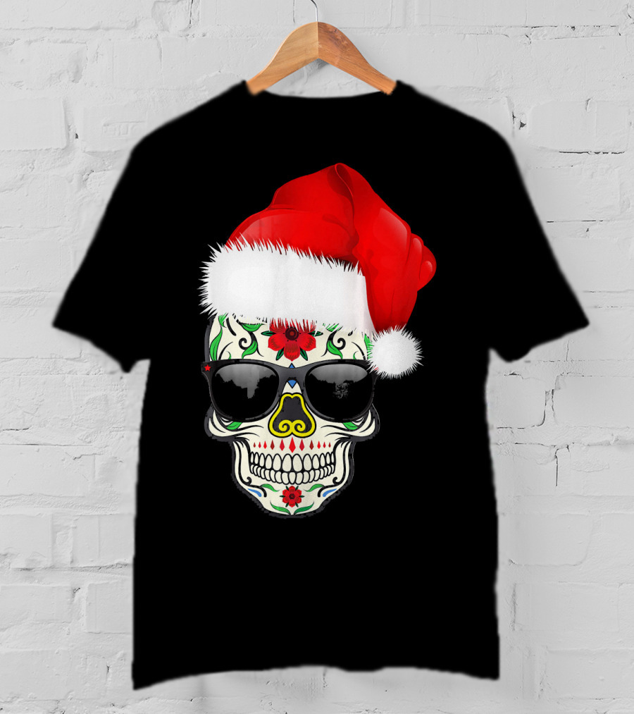 Christmas Santa Hat Day Of The Dead Sugar Skull Suga T-Shirt