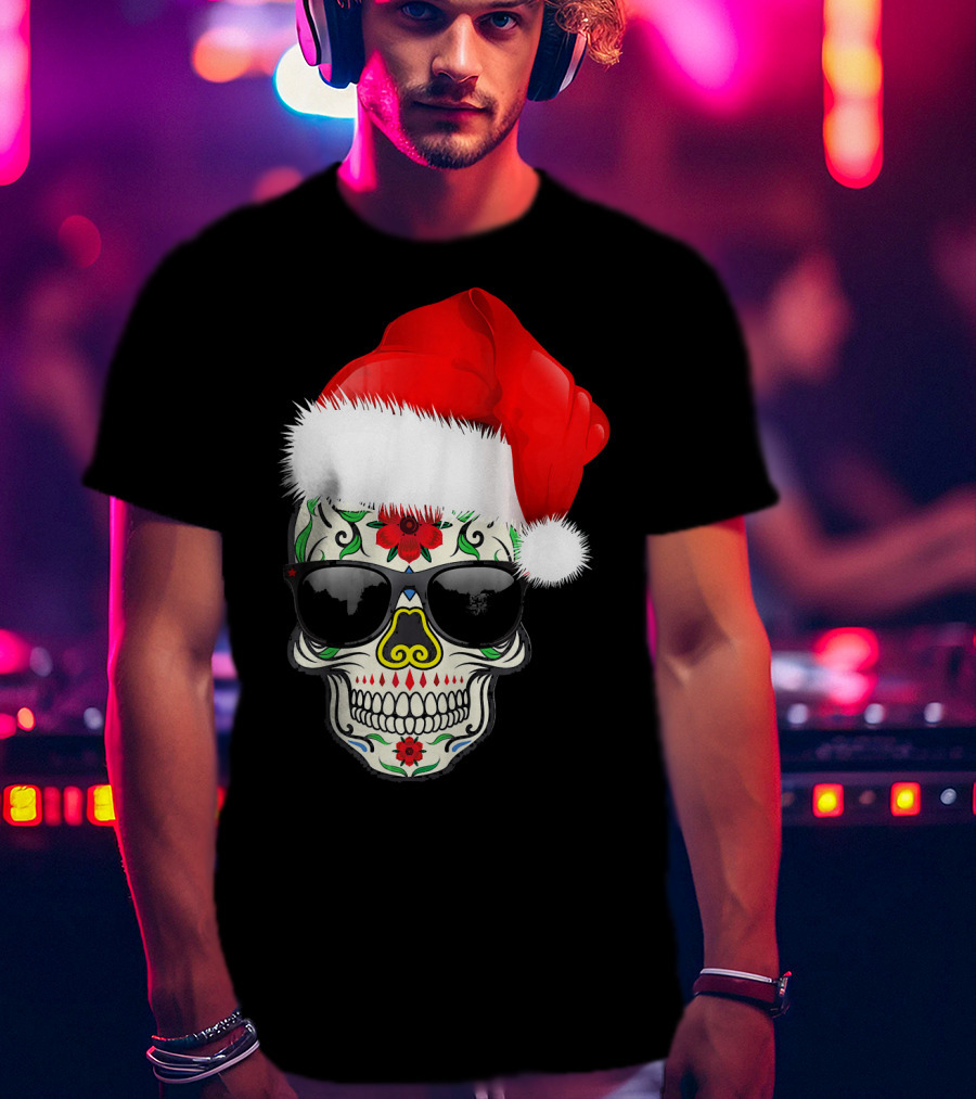 Christmas Santa Hat Day Of The Dead Sugar Skull Suga T-Shirt