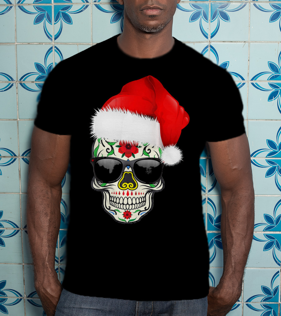 Christmas Santa Hat Day Of The Dead Sugar Skull Suga T-Shirt