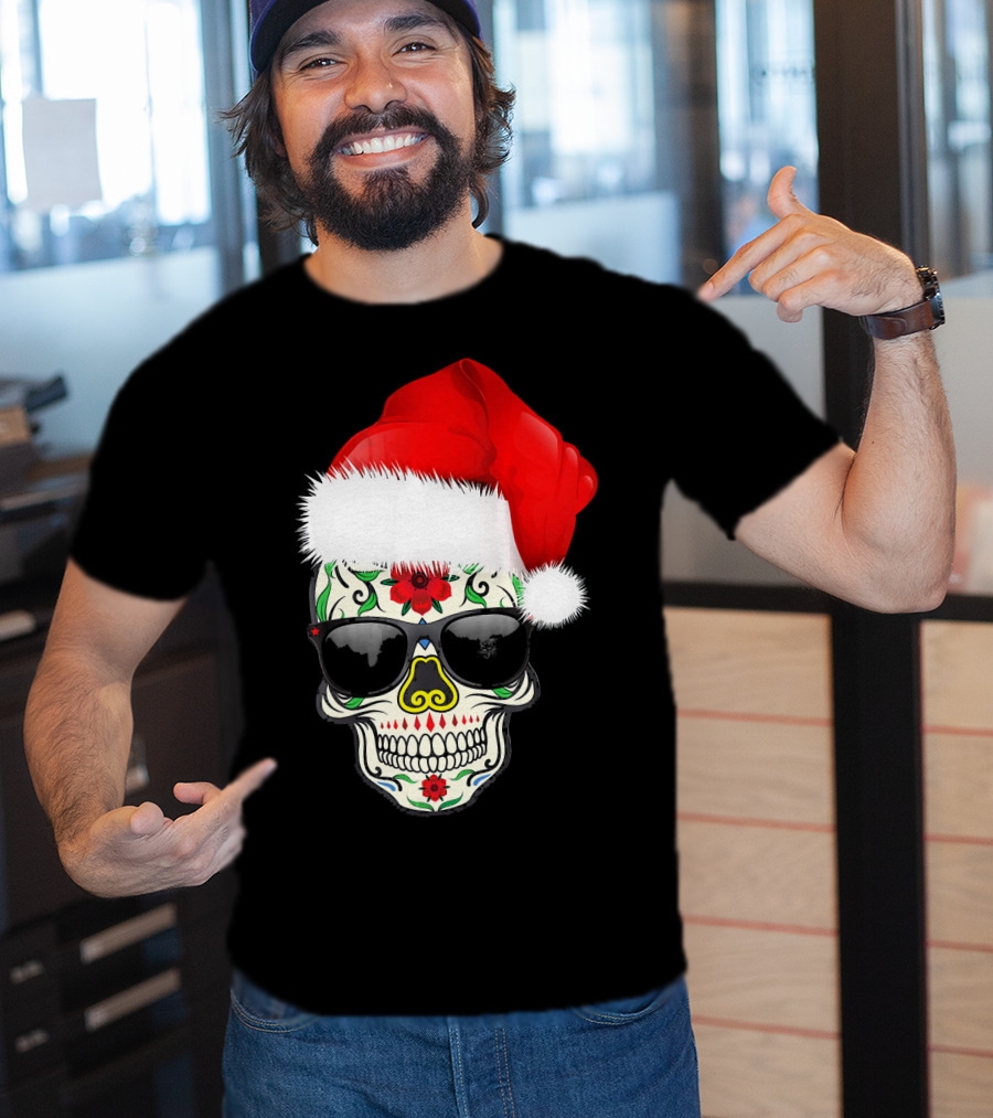 Christmas Santa Hat Day Of The Dead Sugar Skull Suga T-Shirt