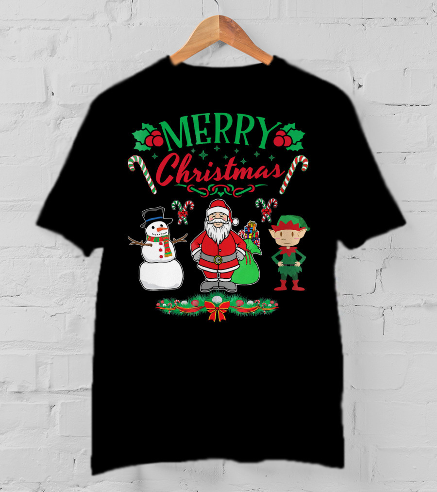 Merry Christmas Santa And Snowman With Elf And Candy Canes T-Shirt