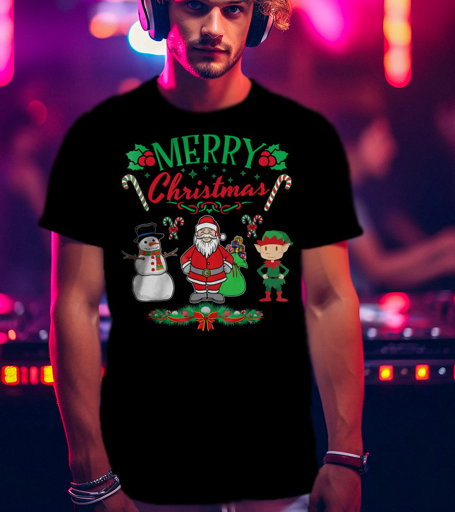 Merry Christmas Santa And Snowman With Elf And Candy Canes T-Shirt
