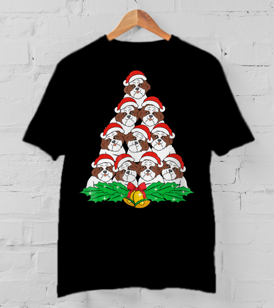 Shih Tzu Christmas Tree Dog Santa Hat Bells Holly Xmas Lover T-Shirt