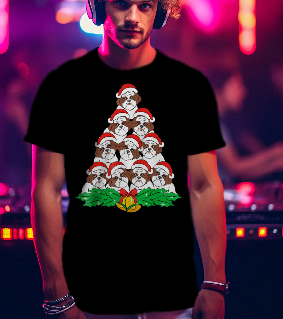 Shih Tzu Christmas Tree Dog Santa Hat Bells Holly Xmas Lover T-Shirt