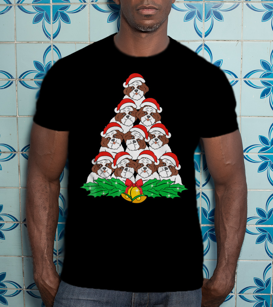 Shih Tzu Christmas Tree Dog Santa Hat Bells Holly Xmas Lover T-Shirt