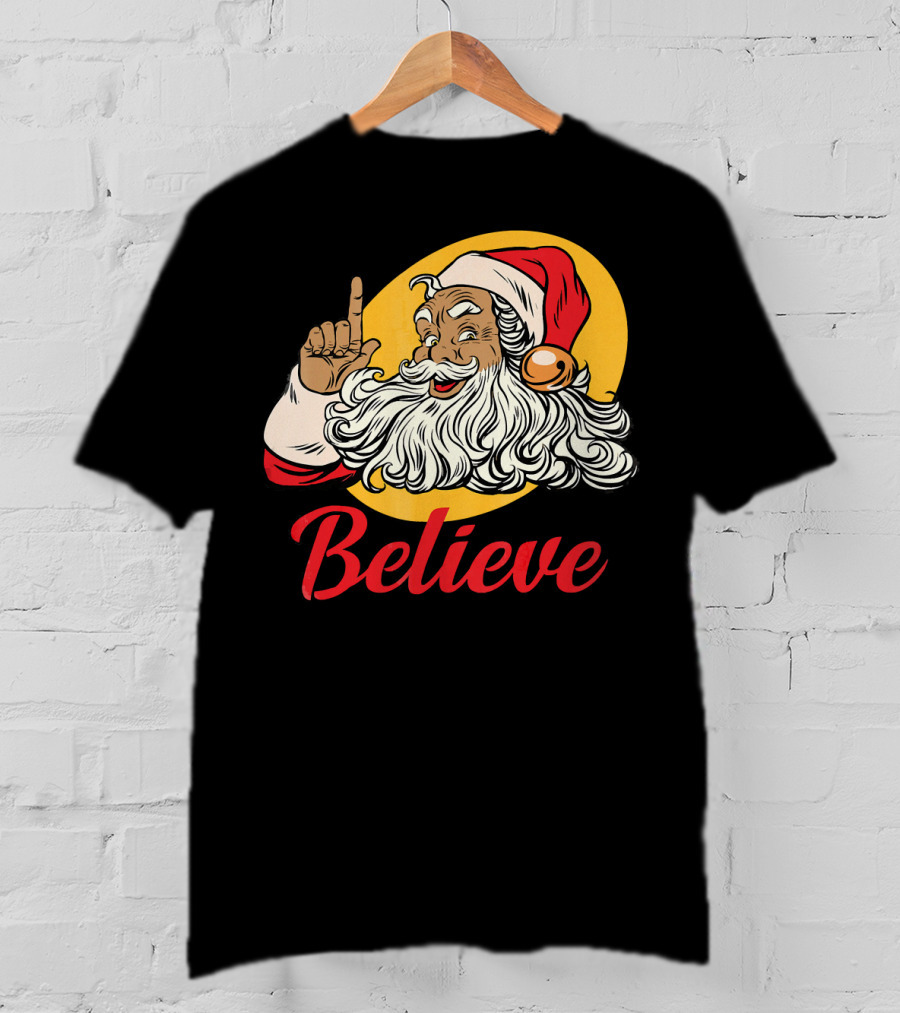 Black Santa Claus With Believe Caption And Yellow Background T-Shirt