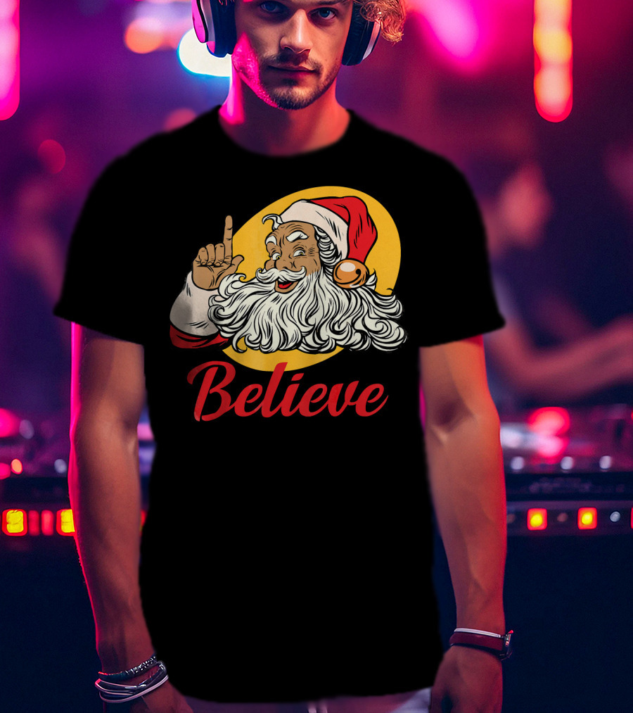 Black Santa Claus With Believe Caption And Yellow Background T-Shirt