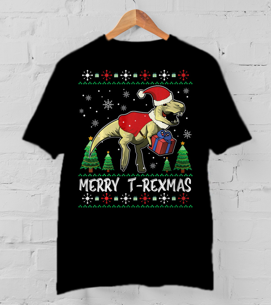 Merry T-Rexmas Dinosaur Santa Claus Holiday Snowflakes Trees T-Shirt