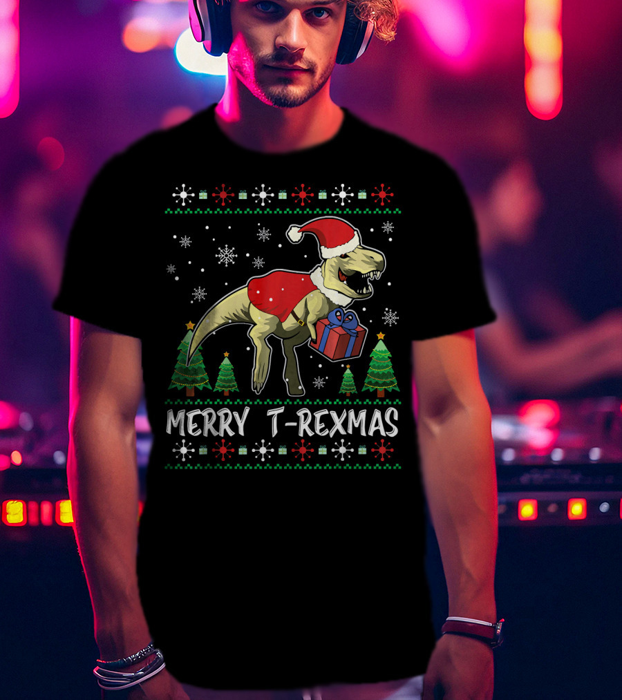 Merry T-Rexmas Dinosaur Santa Claus Holiday Snowflakes Trees T-Shirt