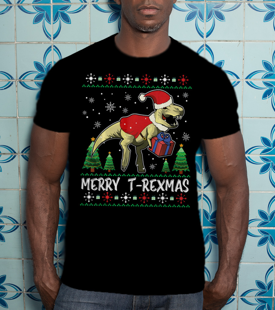 Merry T-Rexmas Dinosaur Santa Claus Holiday Snowflakes Trees T-Shirt