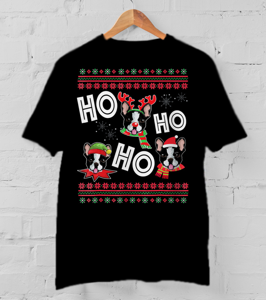 HO HO HO Boston Terrier Funny Do Christmas Reindeer Santa Hat Scarf Snowflakes T-Shirt
