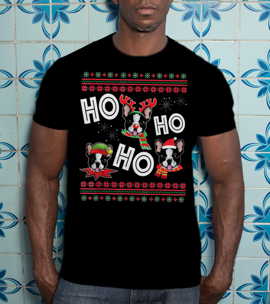 HO HO HO Boston Terrier Funny Do Christmas Reindeer Santa Hat Scarf Snowflakes T-Shirt
