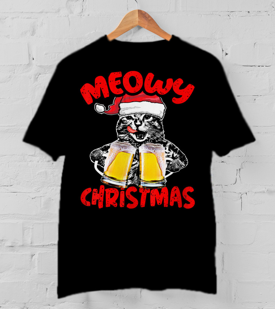Meowy Christmas Funny Meow Drinking Beer Cat T-Shirt