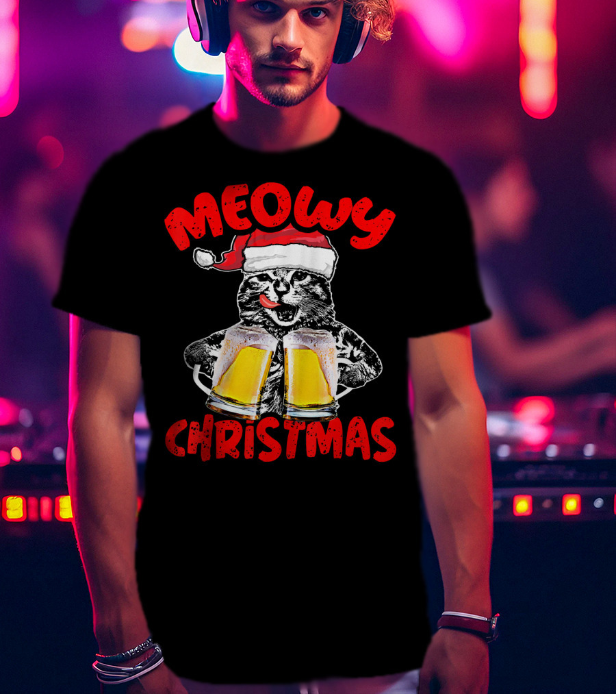 Meowy Christmas Funny Meow Drinking Beer Cat T-Shirt