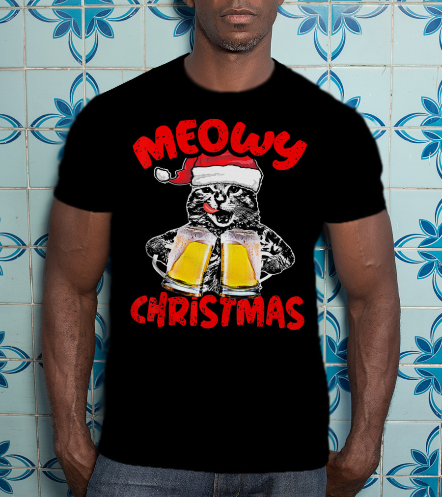 Meowy Christmas Funny Meow Drinking Beer Cat T-Shirt