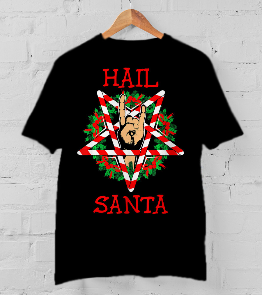 Hail Santa Sleigher Pentagram With Candy Cane And Rock Hand Gesture T-Shirt