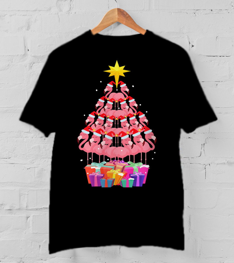 Flamingo Santa Hat Christmas Tree With Gifts And Star T-Shirt