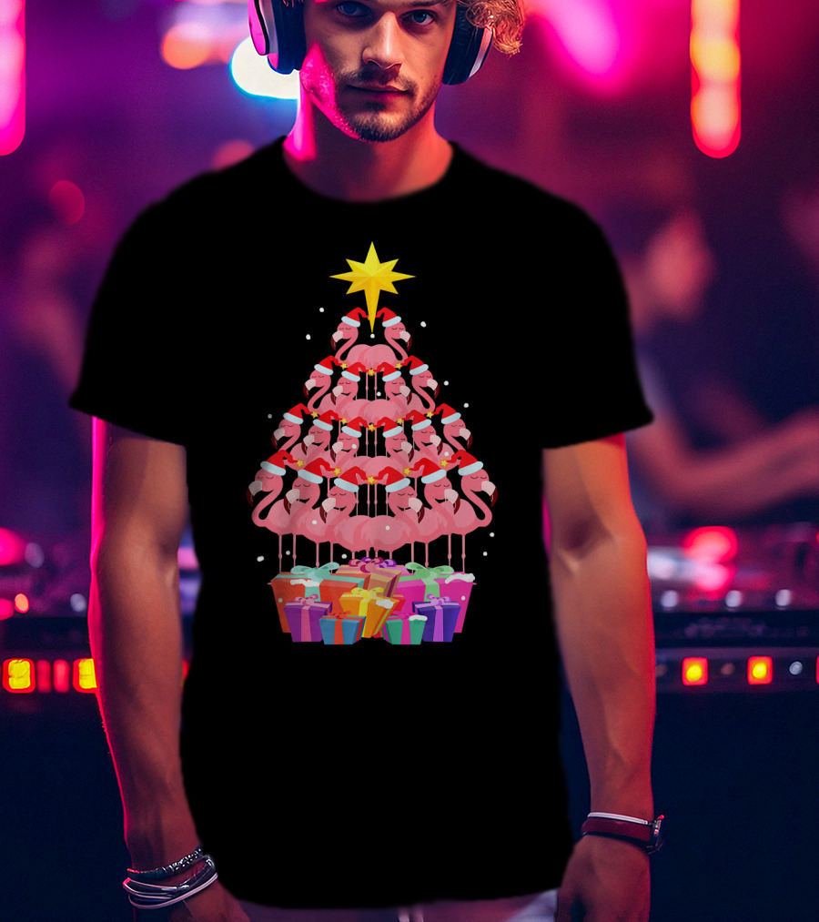 Flamingo Santa Hat Christmas Tree With Gifts And Star T-Shirt