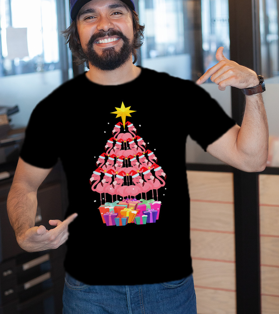Flamingo Santa Hat Christmas Tree With Gifts And Star T-Shirt