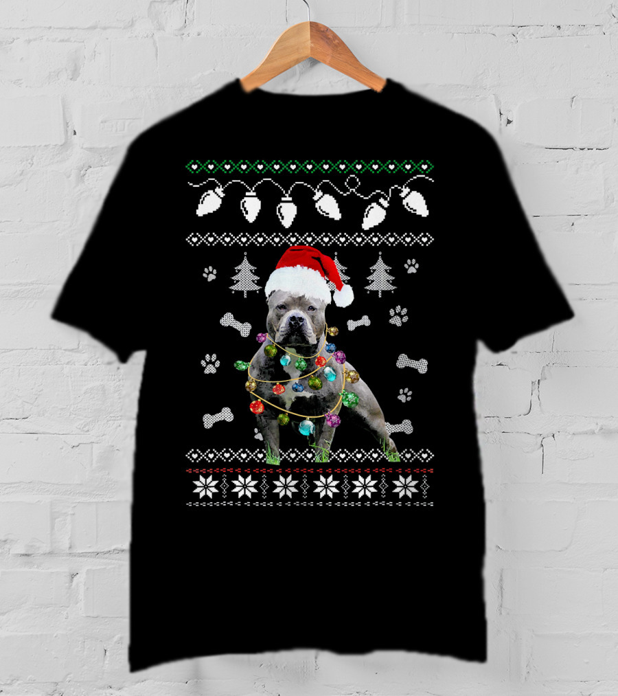 Pitbull Christmas Lights Santa Hat Ugly T-Shirt