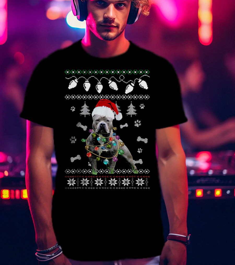 Pitbull Christmas Lights Santa Hat Ugly T-Shirt