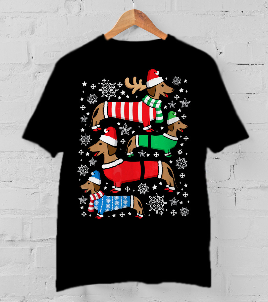 Dachshund Merry Christmas Weiner Ugly Sweater Santa Reindeer Snowflakes T-Shirt