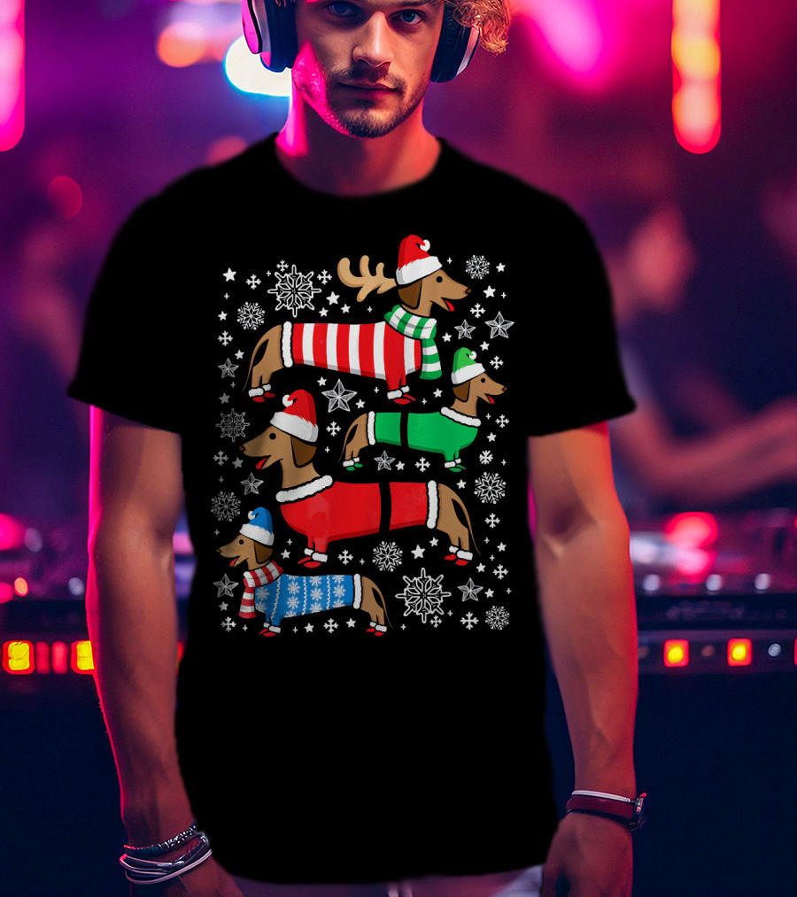 Dachshund Merry Christmas Weiner Ugly Sweater Santa Reindeer Snowflakes T-Shirt