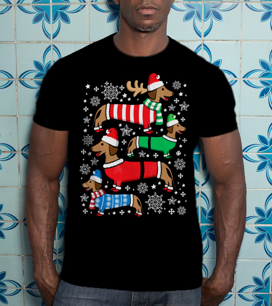 Dachshund Merry Christmas Weiner Ugly Sweater Santa Reindeer Snowflakes T-Shirt