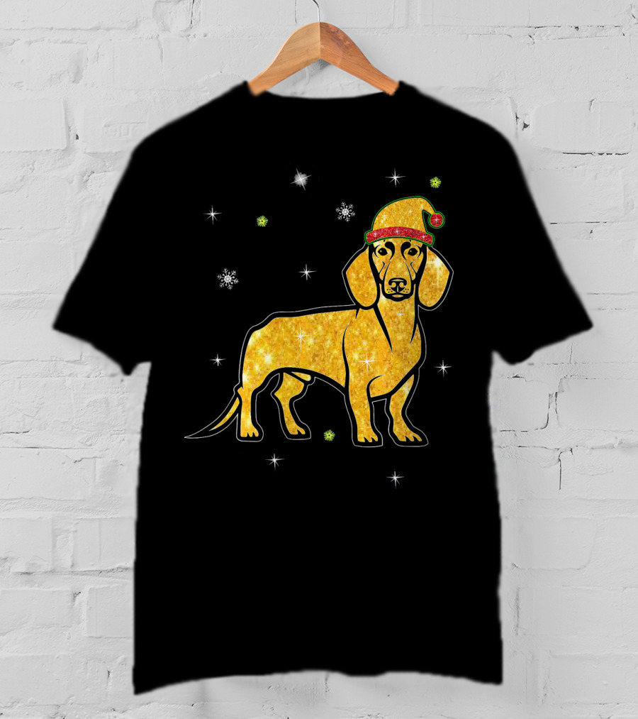 Christmas Lights Glitter Dachshund Dog With Santa Hat And Snowflakes T-Shirt