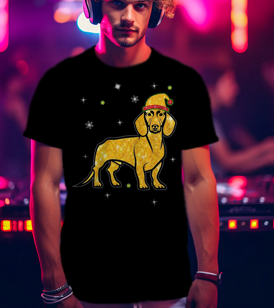 Christmas Lights Glitter Dachshund Dog With Santa Hat And Snowflakes T-Shirt