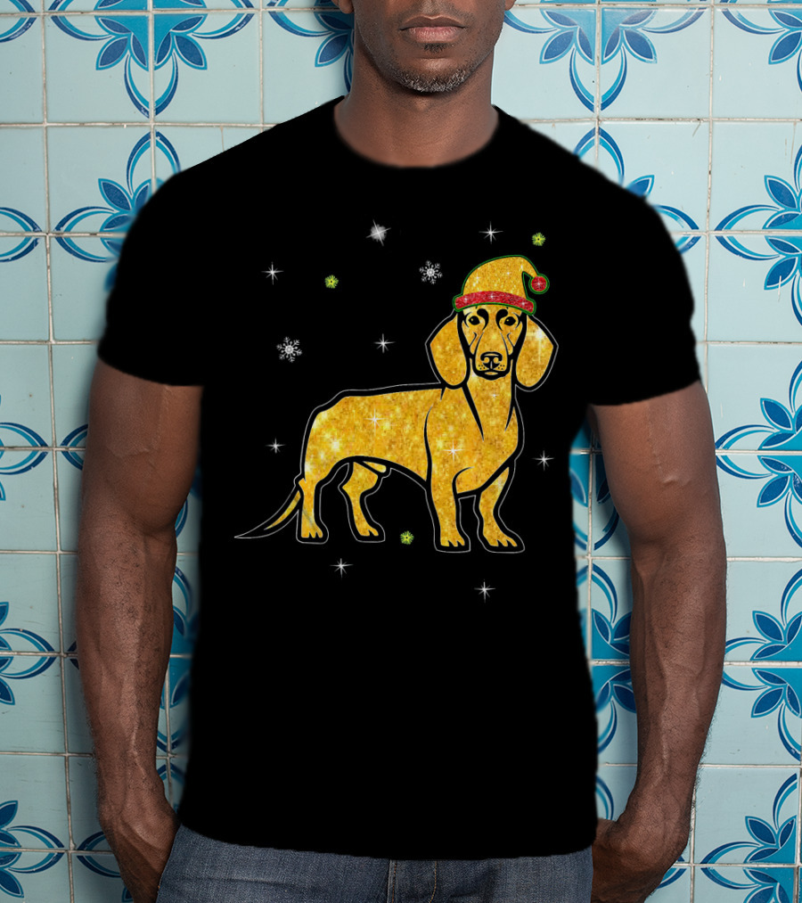 Christmas Lights Glitter Dachshund Dog With Santa Hat And Snowflakes T-Shirt